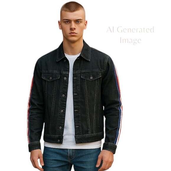 Kilogram Other - Kilogram Mens Black Red White Blue Stripe Long Sleeve Denim Jacket Size Medium